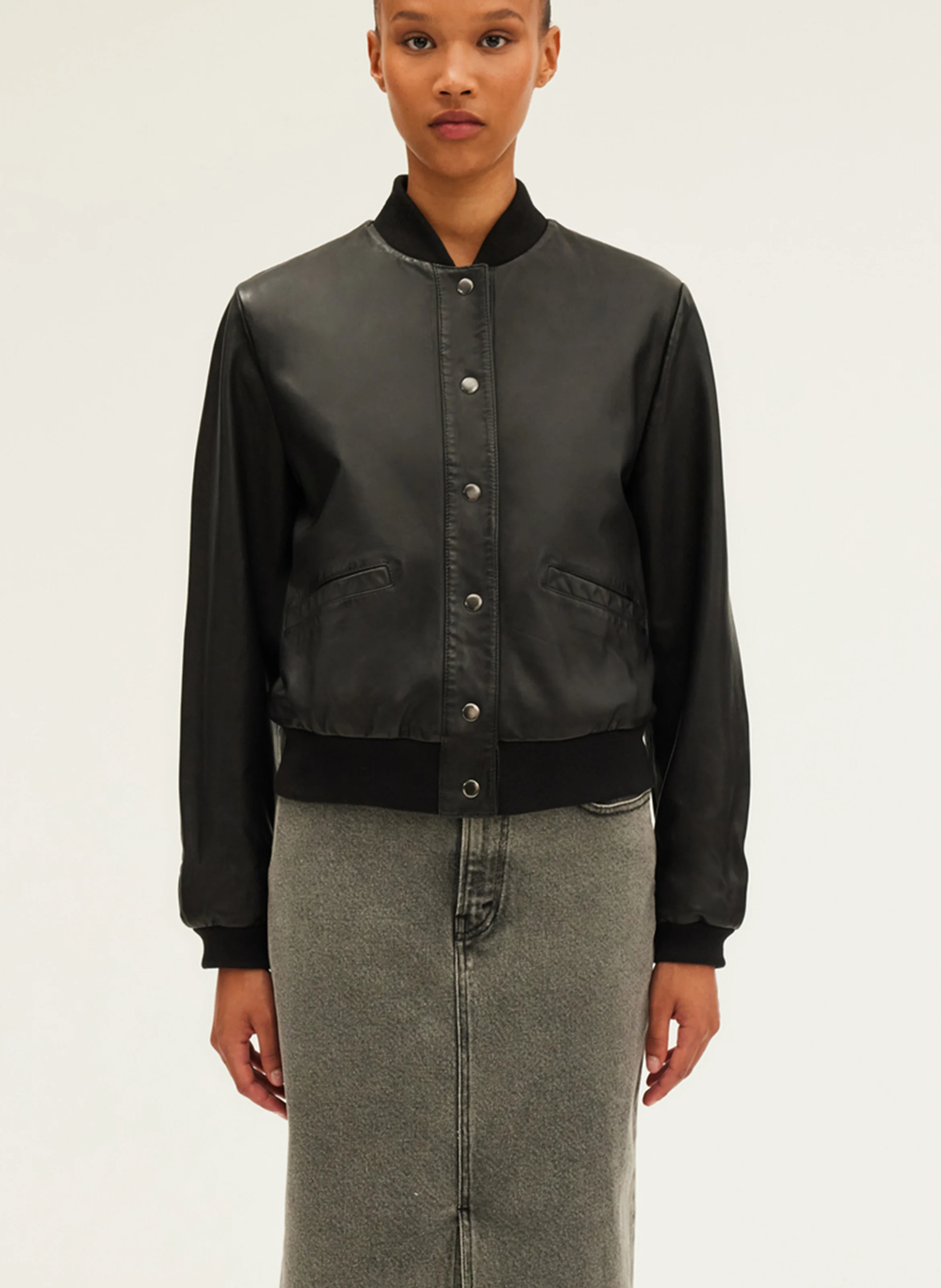 BESS - Blouson col teddy en cuir | Noir