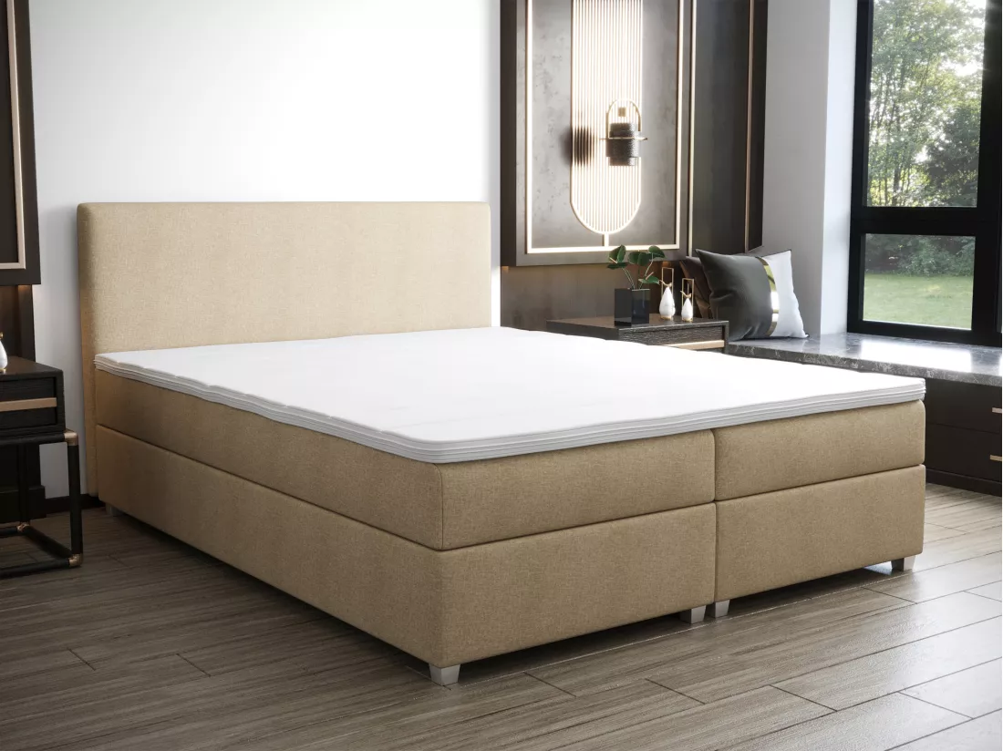 Ensemble complet boxspring tête de lit + sommier + matelas + surmatelas - 160 x 200 cm - Tissu - Beige - ONAN de YSMÉE
