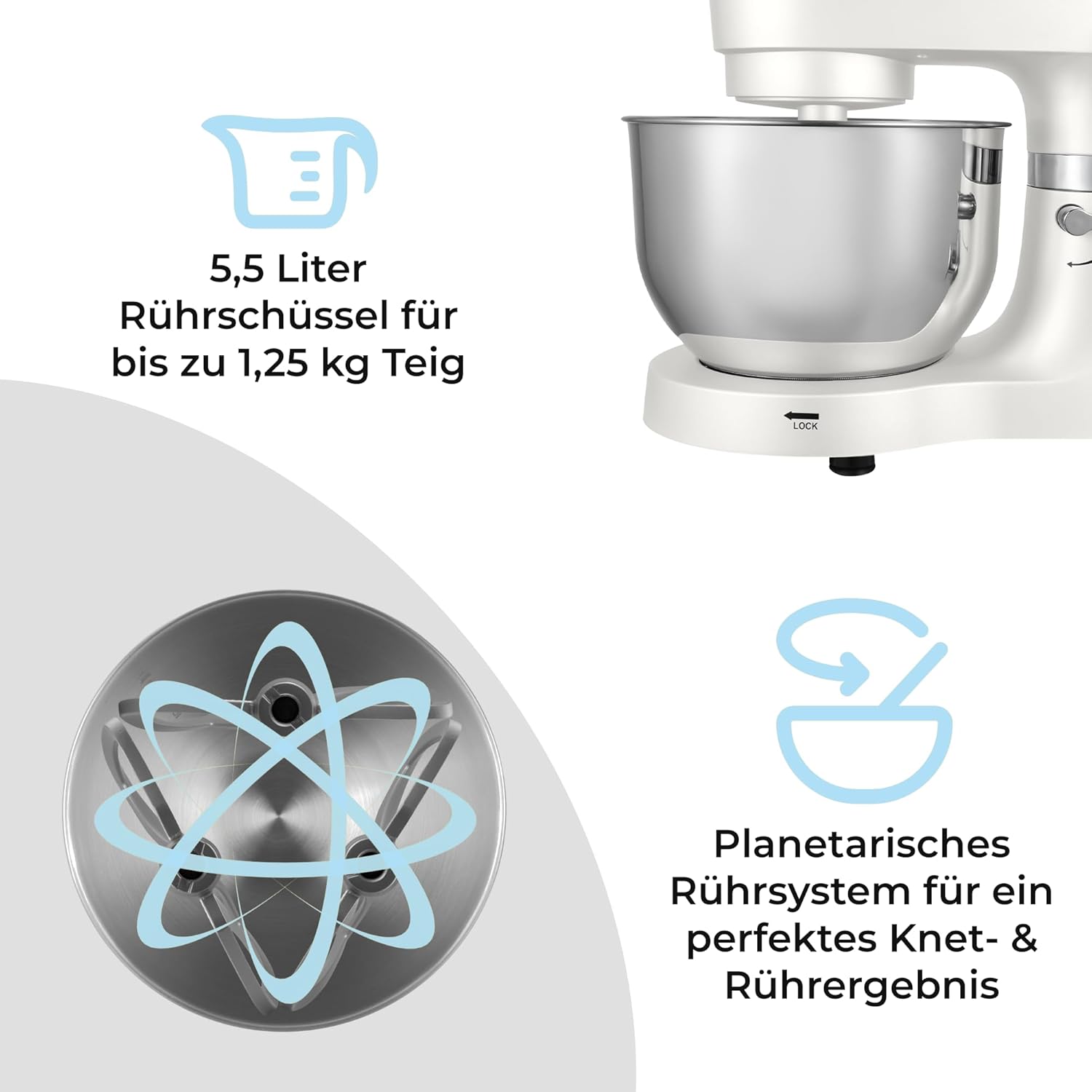KLAMER Küchenmaschine Classic 1400 W – 5,5 L Rührschüssel aus Edelstahl, Knet-, Rühr- & Schneebesenaufsatz, Timer & LED-Display, stabile Saugnapffüße, ideal für Brot-, Kuchen- & Pizzateig