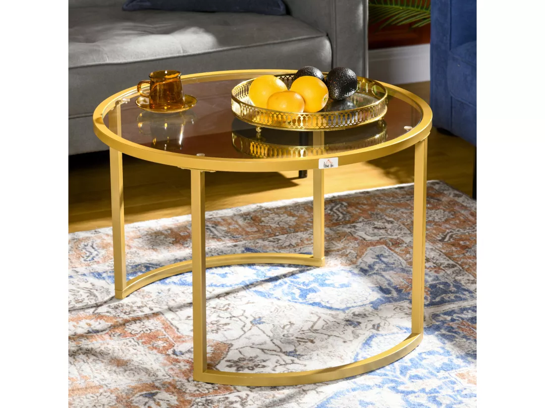 Lot de 2 tables basses gigognes rondes style art déco - acier doré verre trempé 5 mm