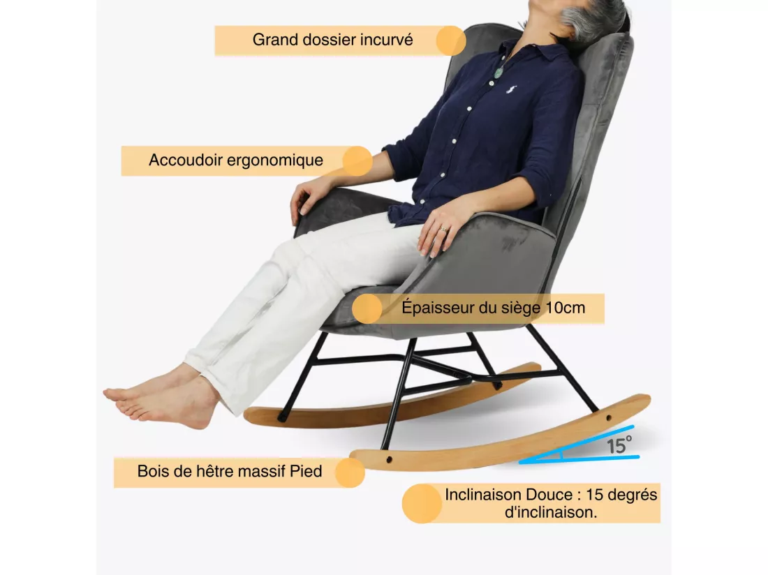 MEUBLES COSY Fauteuil à Bascule Allaitement Rocking Chair Scandinave Chaise Loisir Revêtement Pieds en Bois Massif pour Salon, Chambre, Le Balcon, Gris Velours
