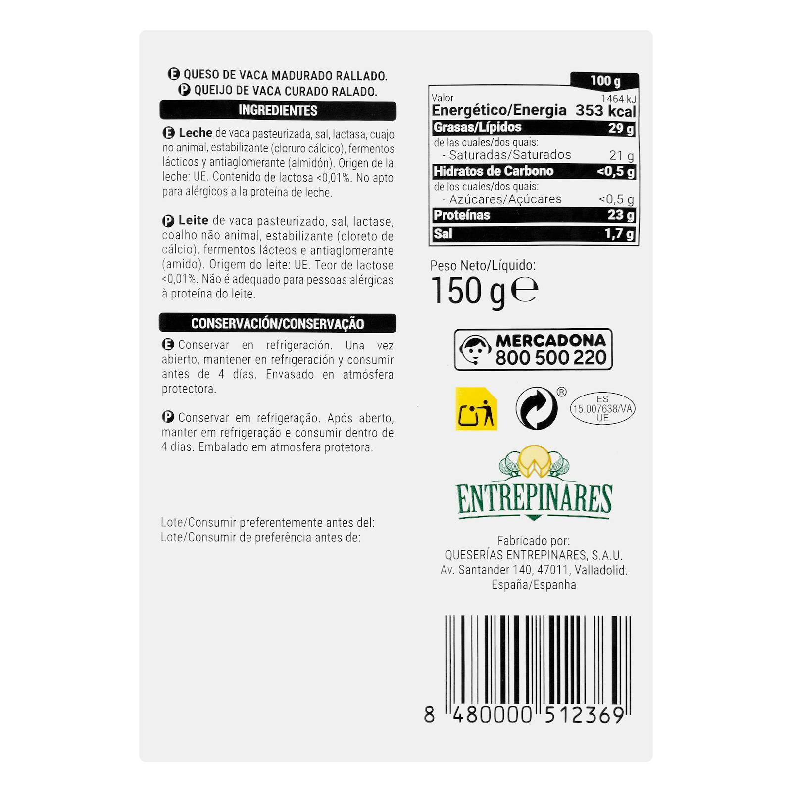 Fromage de vache râpé sans lactose Hacendado