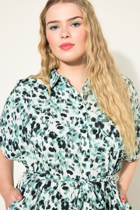 Hemdblusen-Midikleid, oversized, Allover-Print, Hemdkragen, Taillen-Bindegürtel