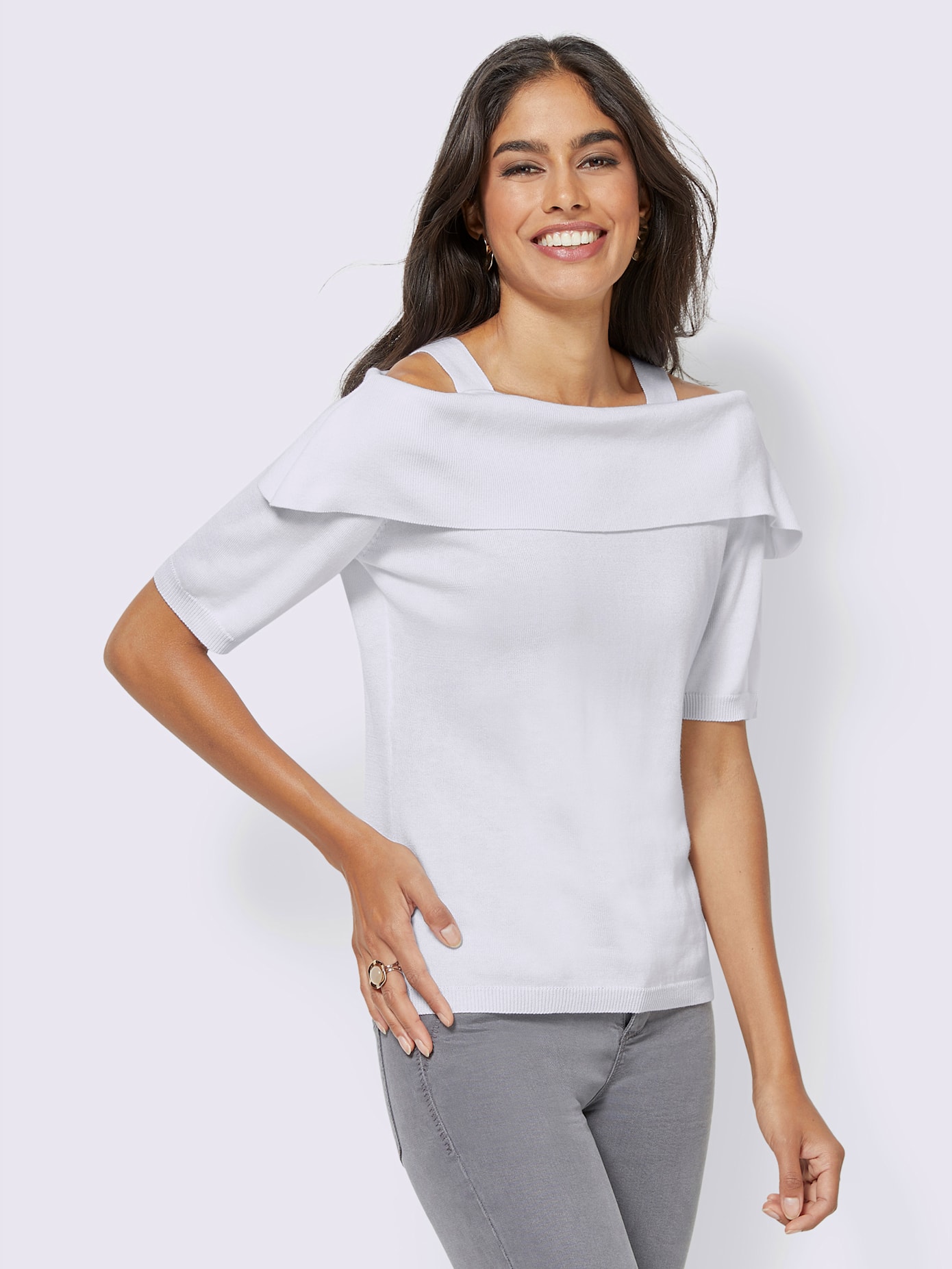 Pull en tricot jersey encolure carmen avec bretelles