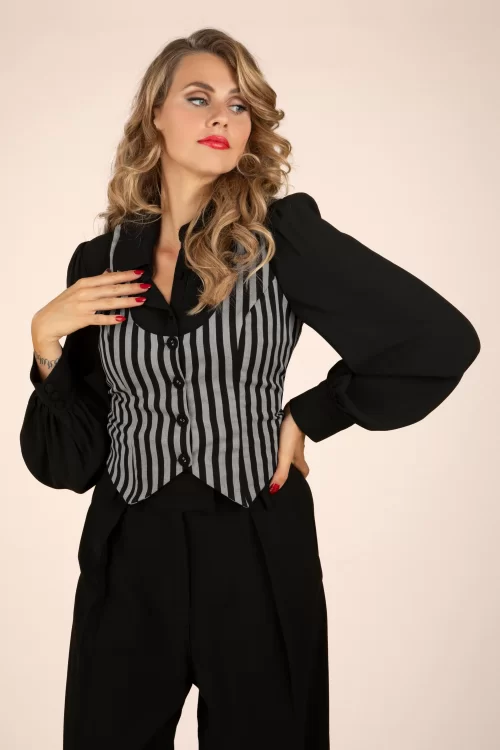 Vixen Striped Button Up gilet in zwart en grijs