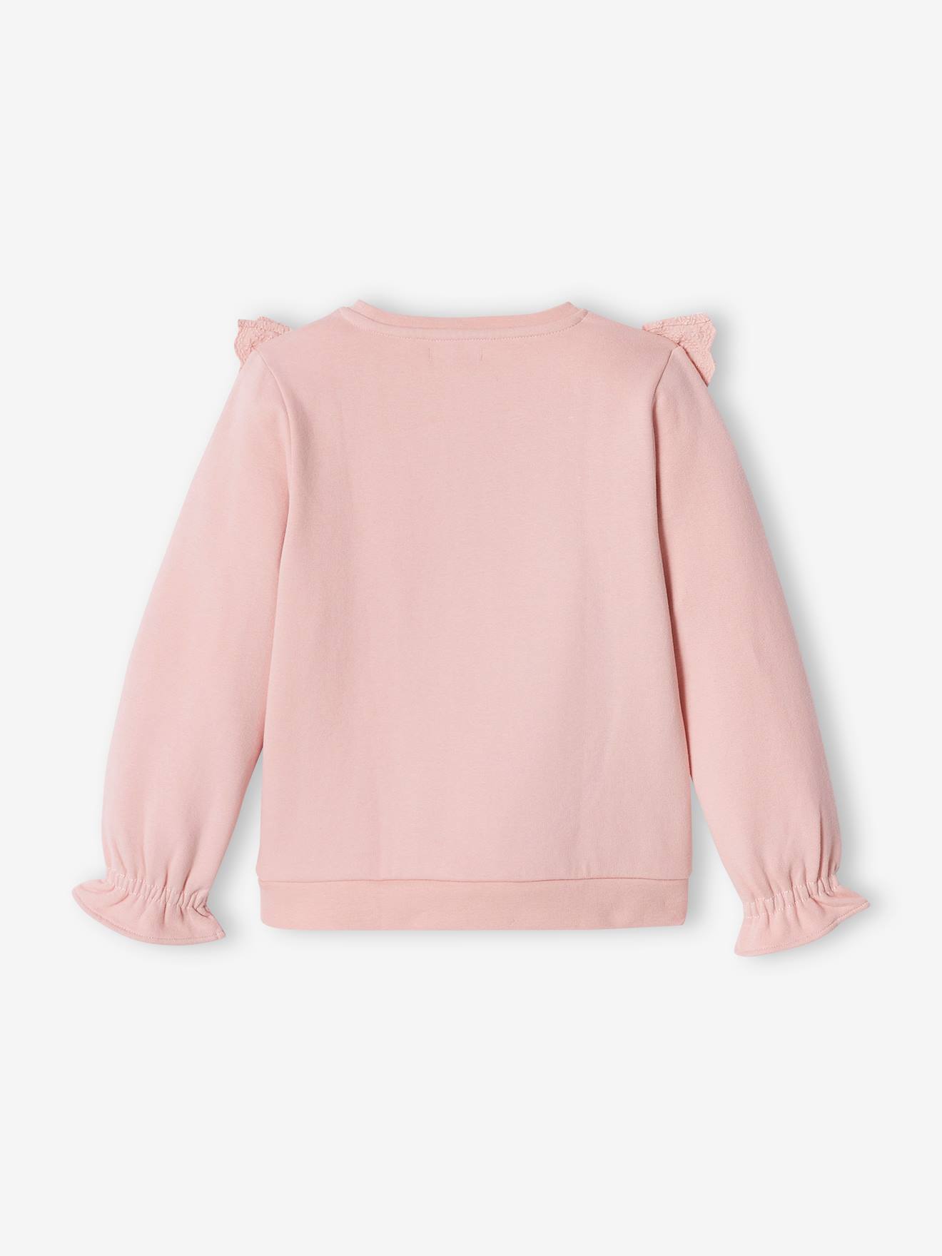 Blusa de moletom rosa claro com flores bordadas e babados para meninas.