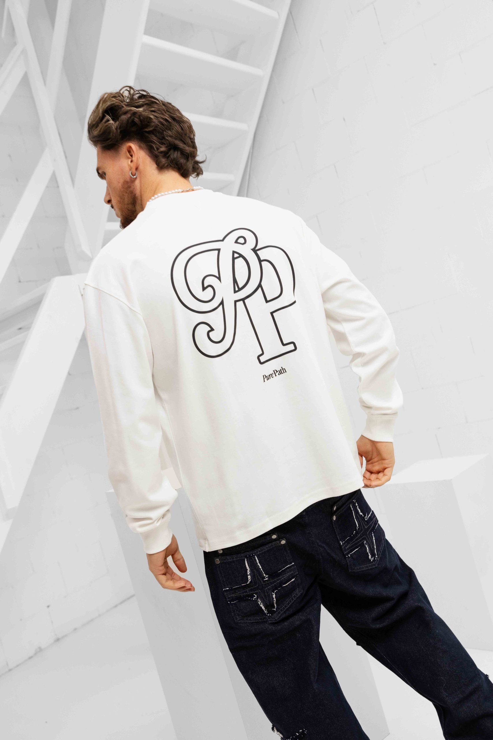 Pure Path Initial Longsleeve T-Shirt Heren Gebroken Wit