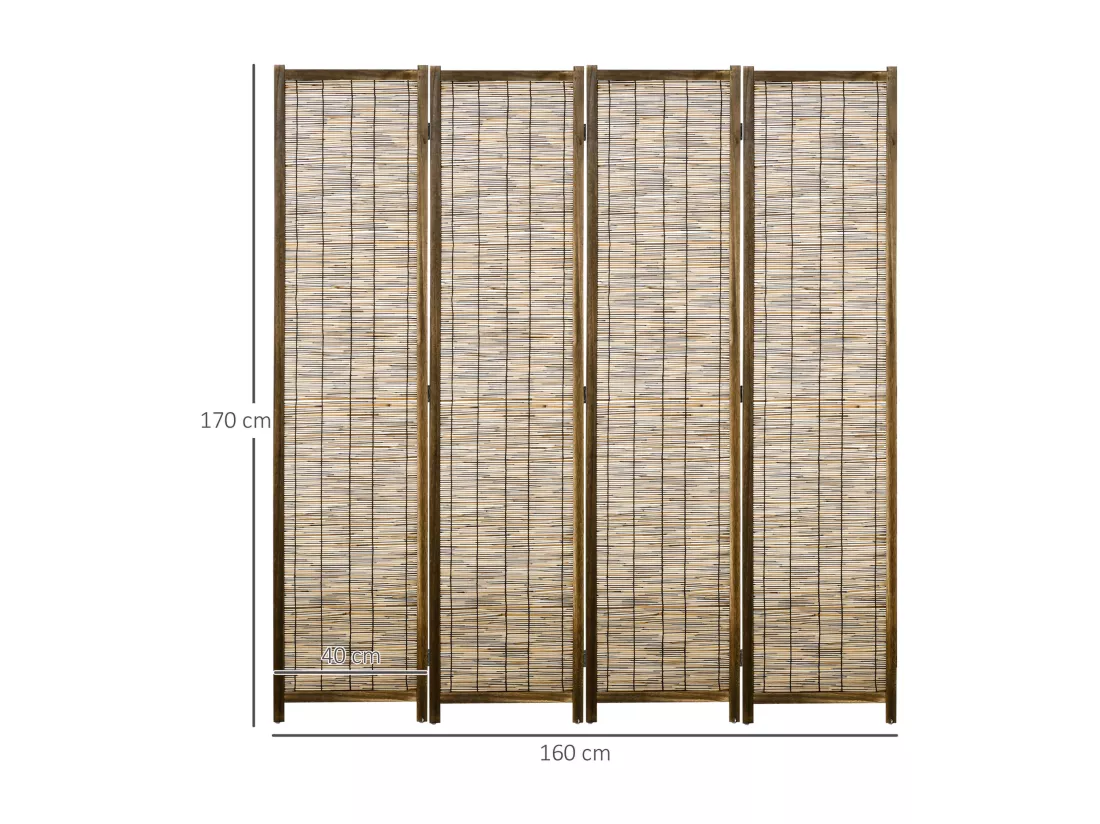 Paravent intérieur 4 panneaux pliables séparateur de pièce bois de paulownia roseau