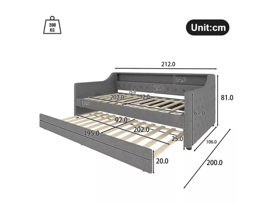 Lit gigogne Lit de jour 90x200 cm avec sommier à lattes éclairage d'ambiance avec télécommande lit avec prise de charge USB lin gris