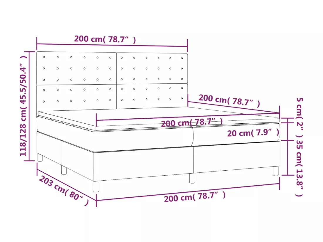 Sommier tapissier et matelas et LED Crème 200x200 cm Tissu
