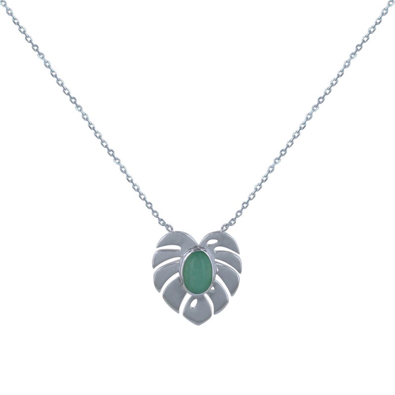 Collier Argent Rhodié Feuille et Ovale d'Aventurine
