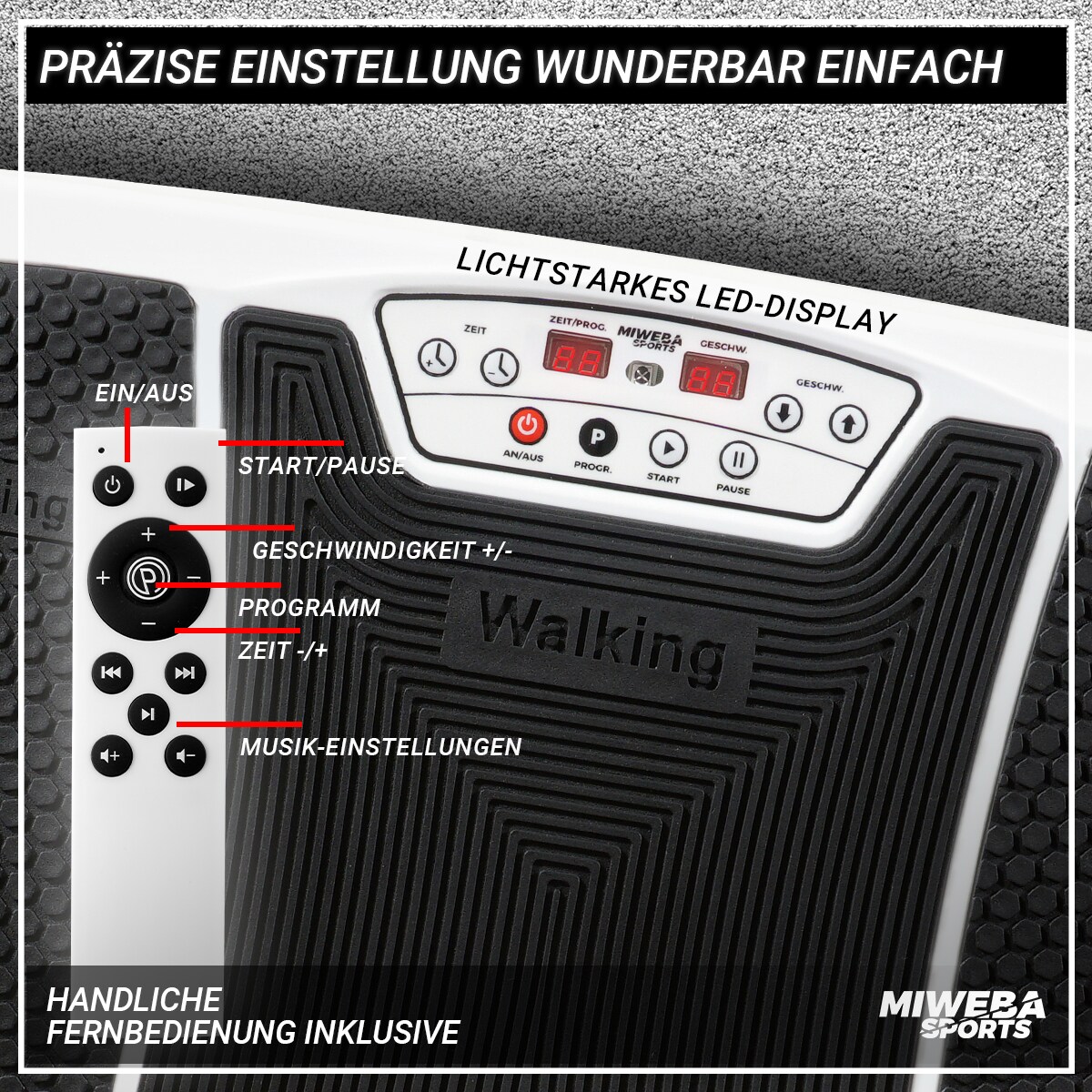 Miweba Sports Vibrationsplatte MV200, 3D-Vibration, Fernbedienung, Bluetooth, Display, 2 x 200 Watt (Schwarz)