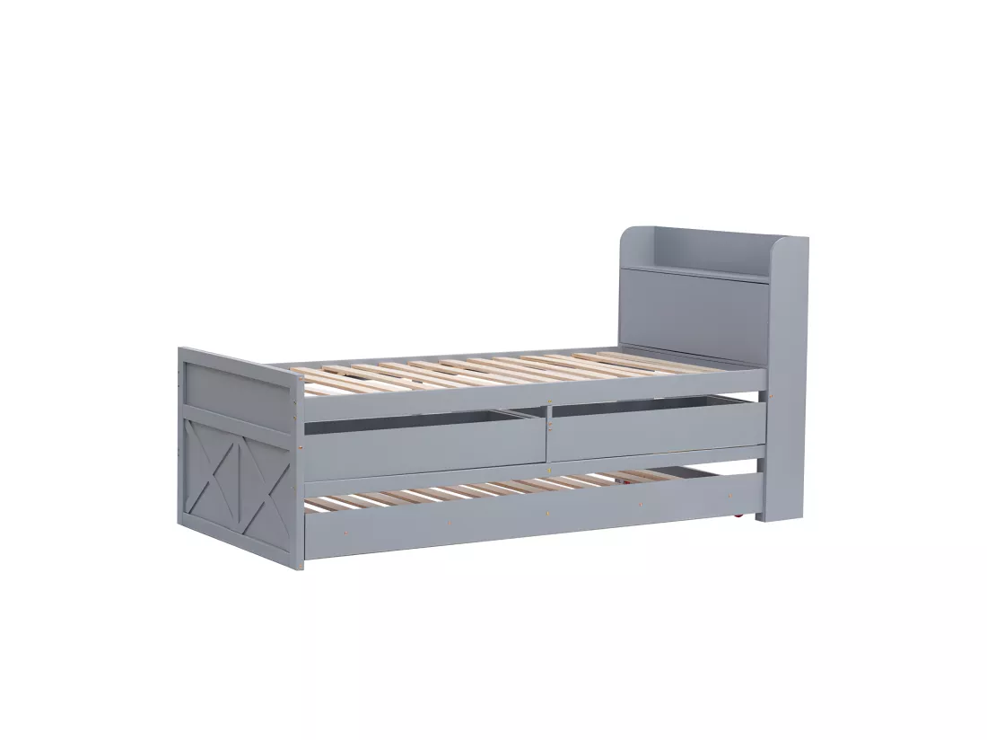 Lit gigogne en bois massif - 90x190cm - avec 2 tiroirs et Port de charge USB sur l'étagère - Gris