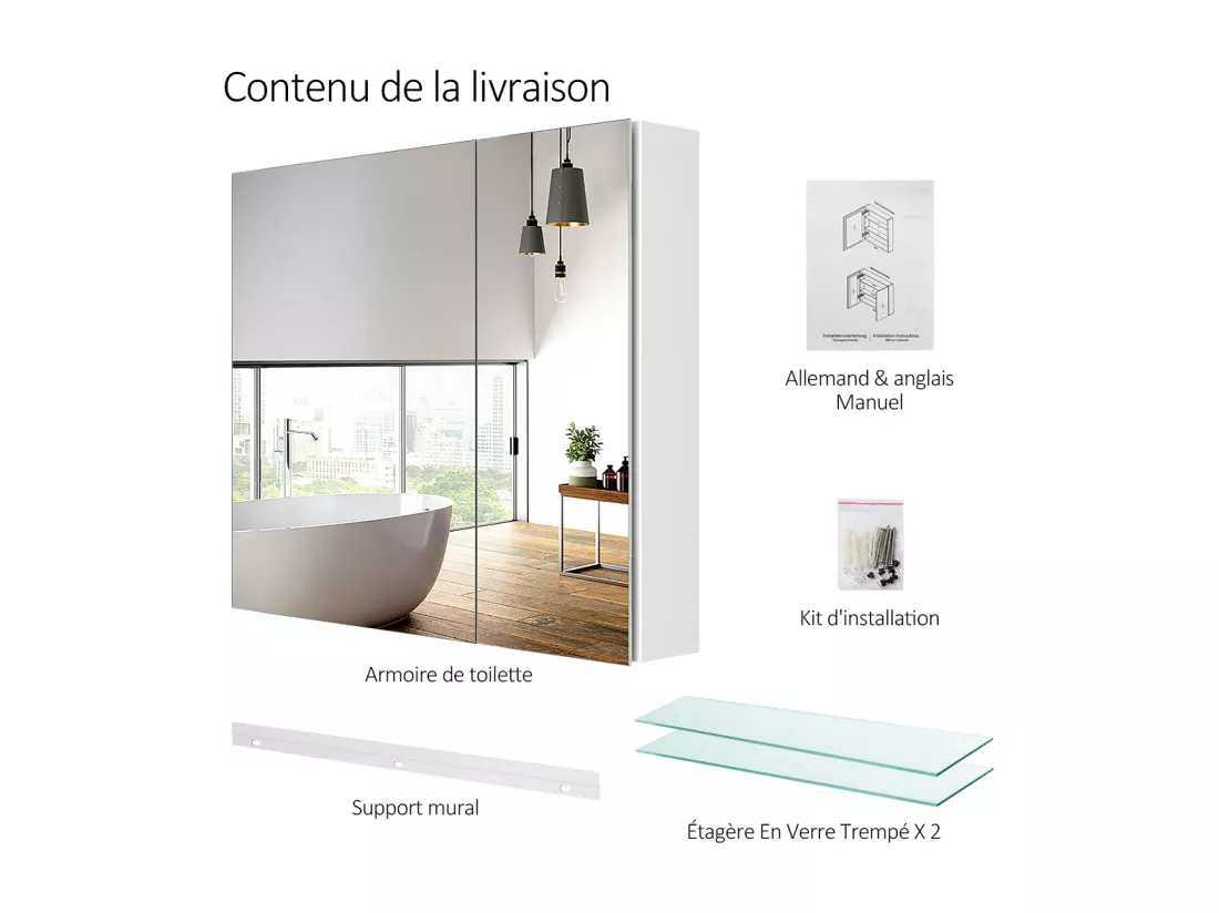 EMKE Armoires de toilette 75x65cm Blanche Armoire Salle de Bain en Miroir Double Face