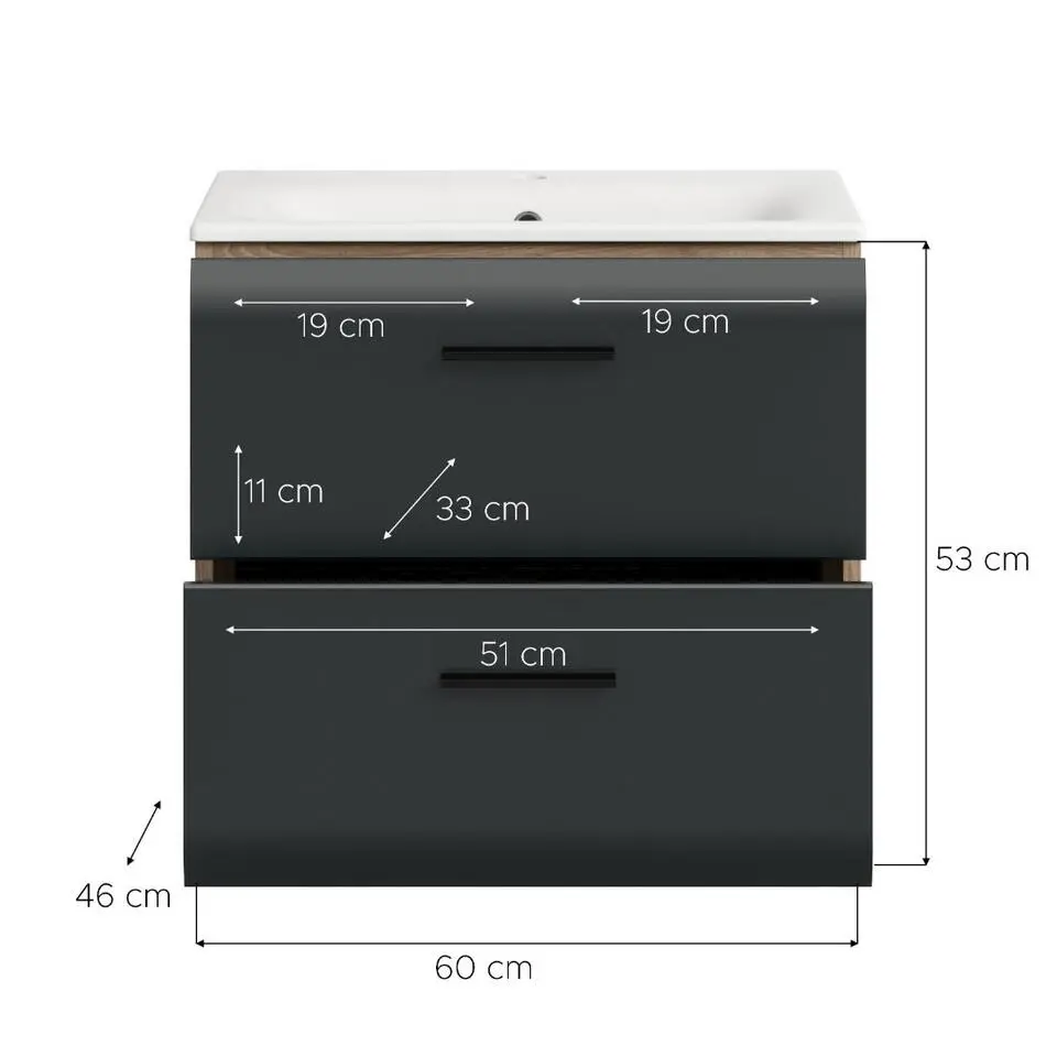 Hioshop Ice wastafel inclusief was 2 lades zwart mat- eiken decor