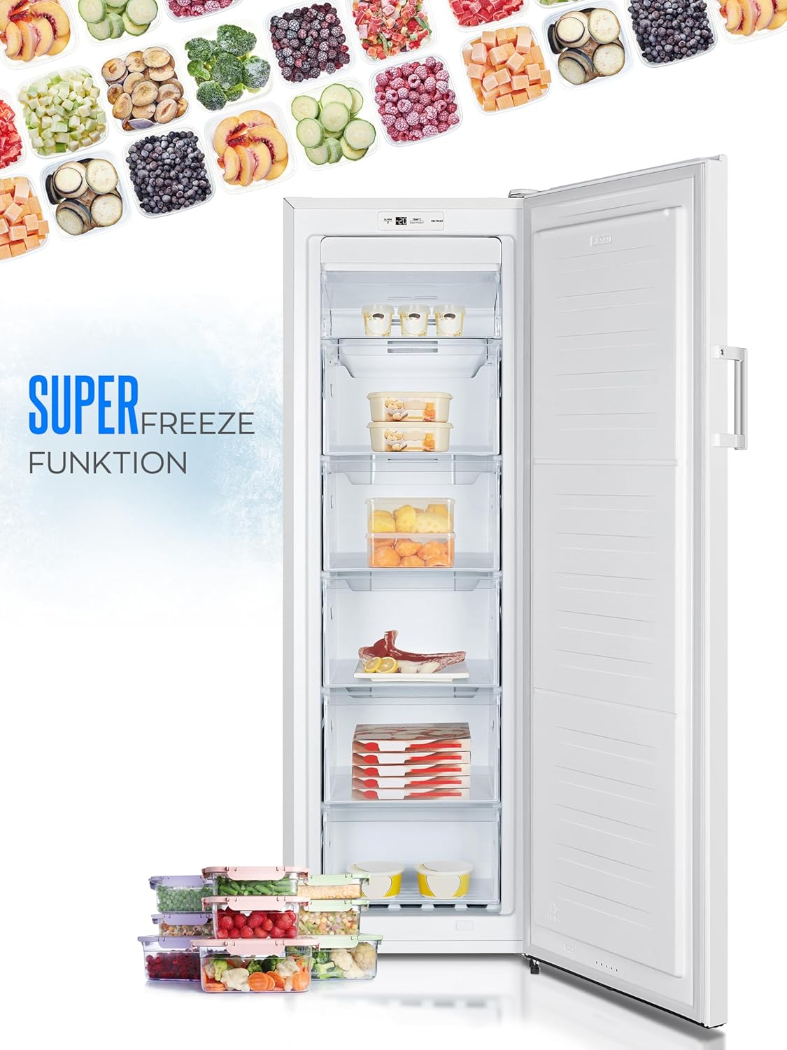 Heinrich´s Gefrierschrank 194 Liter, Temperatur:-14°C~-24°C, Freezer, No-Frost Schutz, 5x Gefrierschublade +1x Gefrierfach, LED-Display,Airflow, wechselbarer Türanschlag, Alarmfunktion, weiß