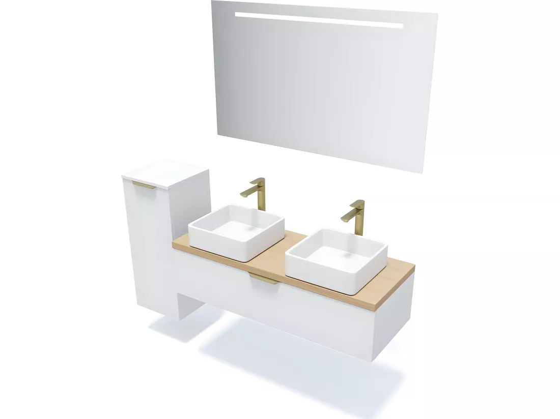 Meuble de salle de bain suspendu 2 vasques à poser 120cm 1 tiroir Blanc - Venice