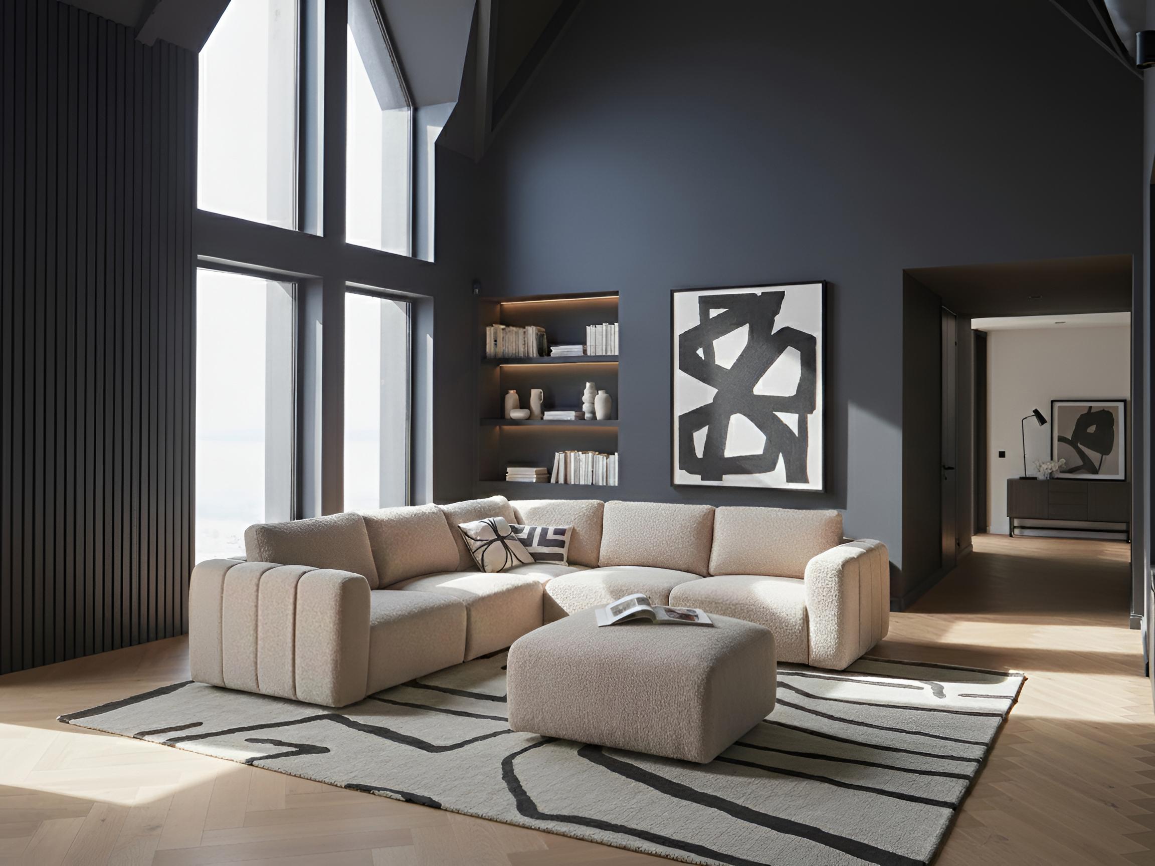 Modulaire hoekbank 5-zits KIVVIK Bouclé Beige met ottomaan rechtszijdig