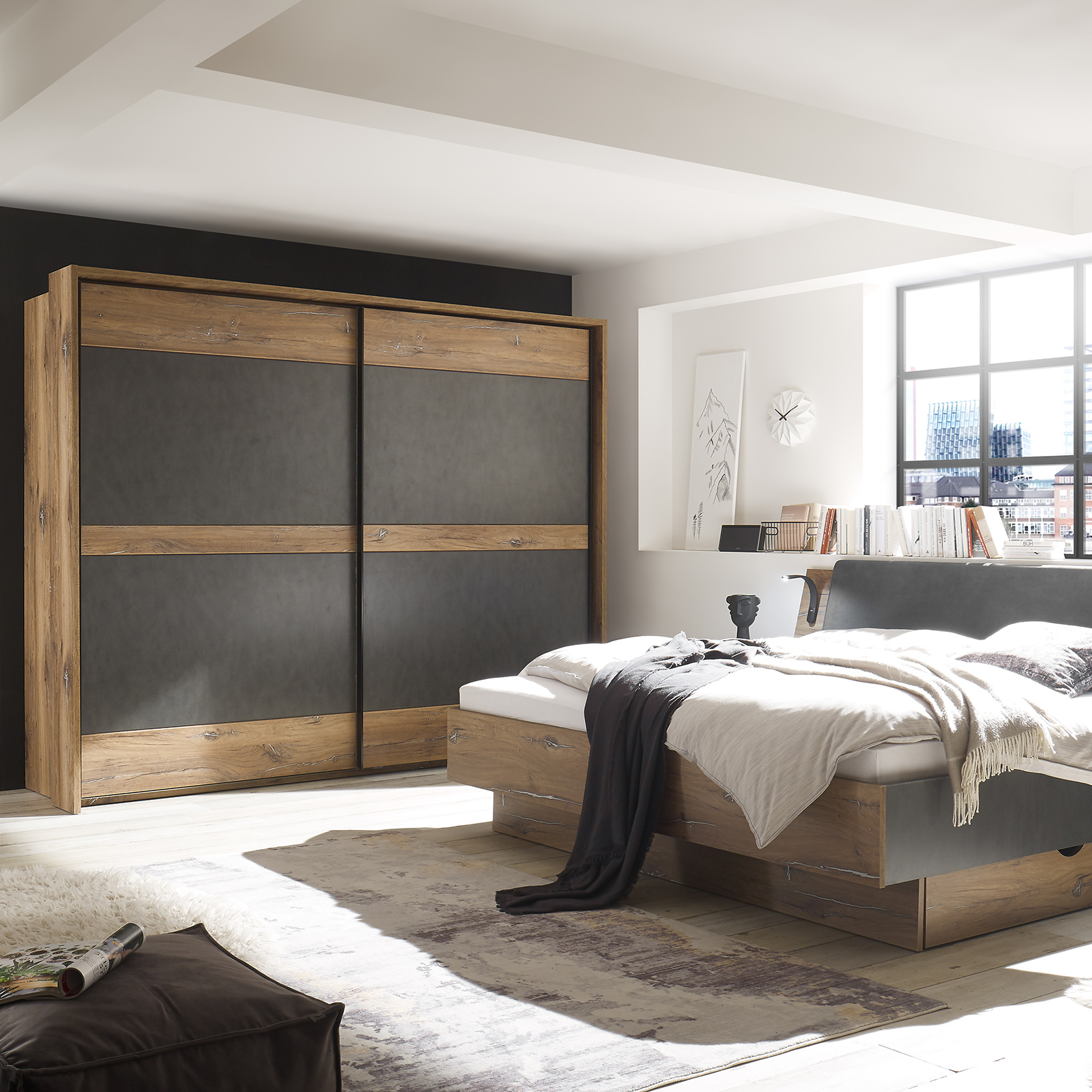 Schwebetürenschrank - Flagstaff Eiche dunkel - Matera- 270 cm
