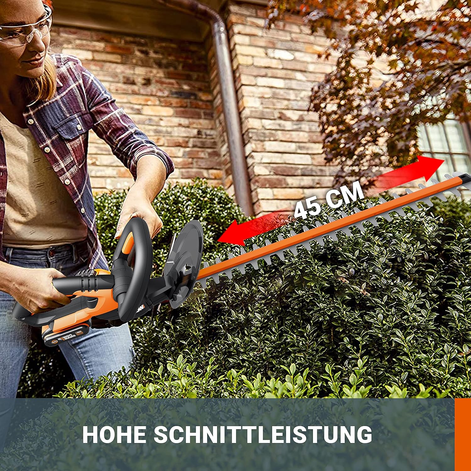 WORX WG261E Akku-Heckenschere – Hecken- und Strauchschere mit 44 cm Schwertlänge – 16mm Zahnabstand – Ideal für hohe Hecken – leicht & kompakt – PowerShare kompatibel – inkl. 4Ah Akku & Ladegerät
