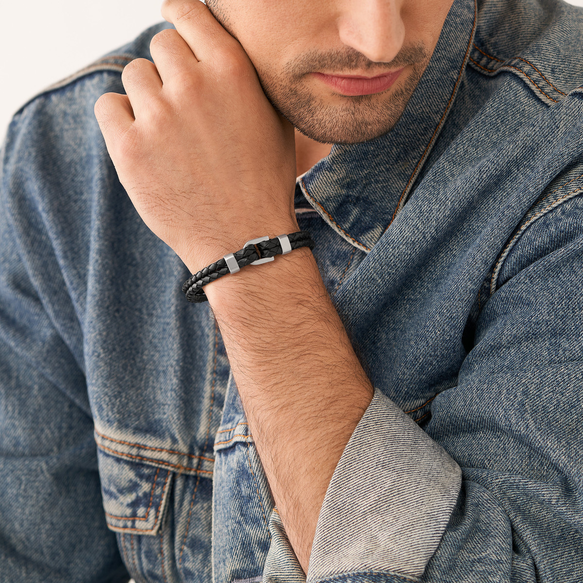 Bracelet FOSSIL acier cuir noir 19,5 cm