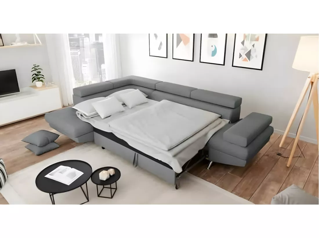Canapé d'angle gauche 5 places Rio Convertible avec coffre en tissu - Gris clair - L271 x P192 x H70cm - Loungitude