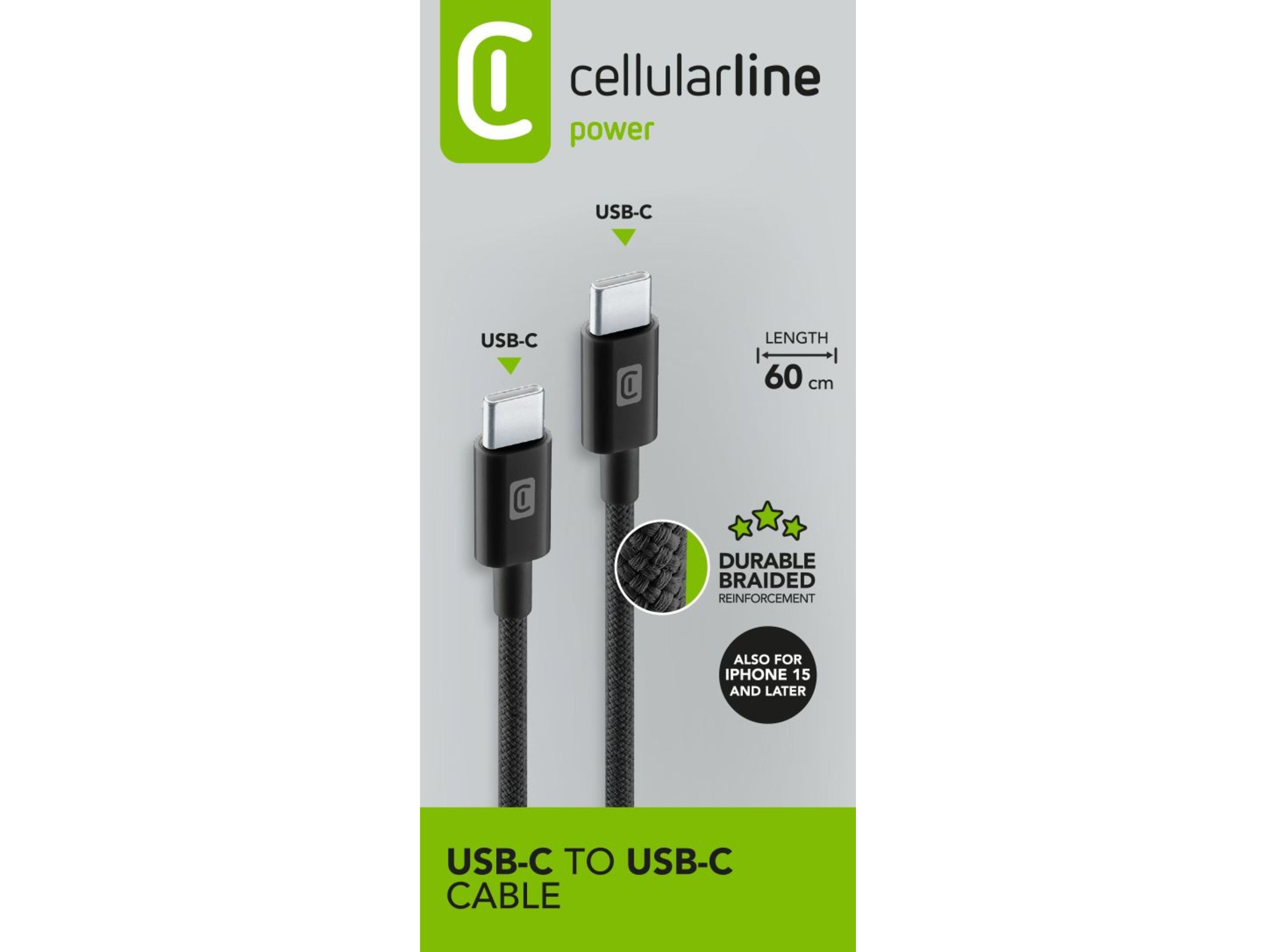 CABO CELLULARLINE PRETO BRAIDED USB-C/USB-C 60CM