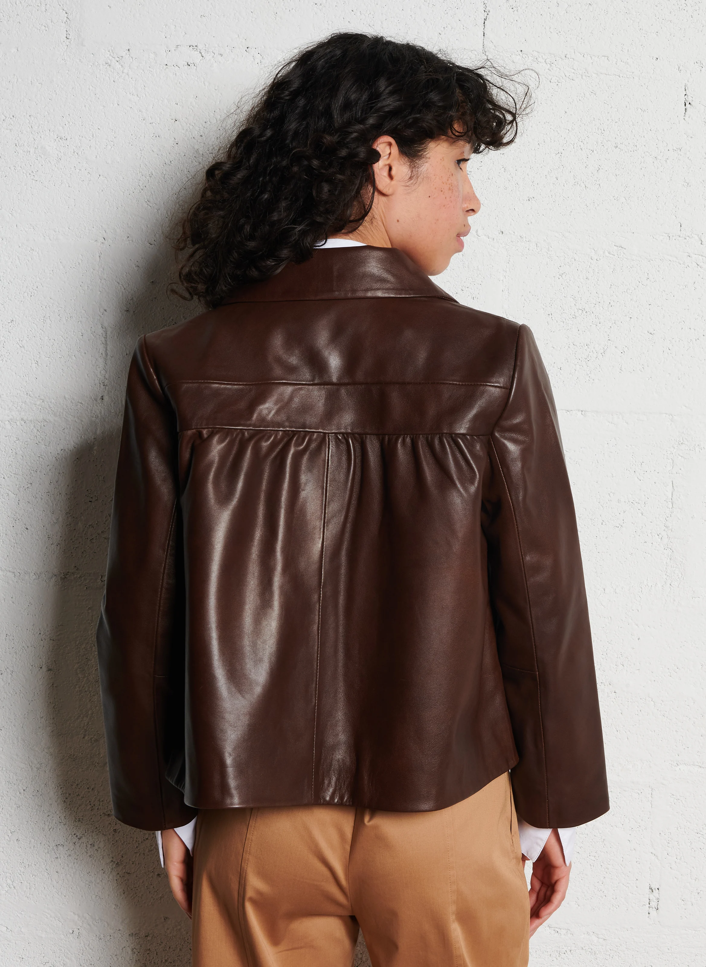 MILOS - Veste col claudine en cuir| Marron