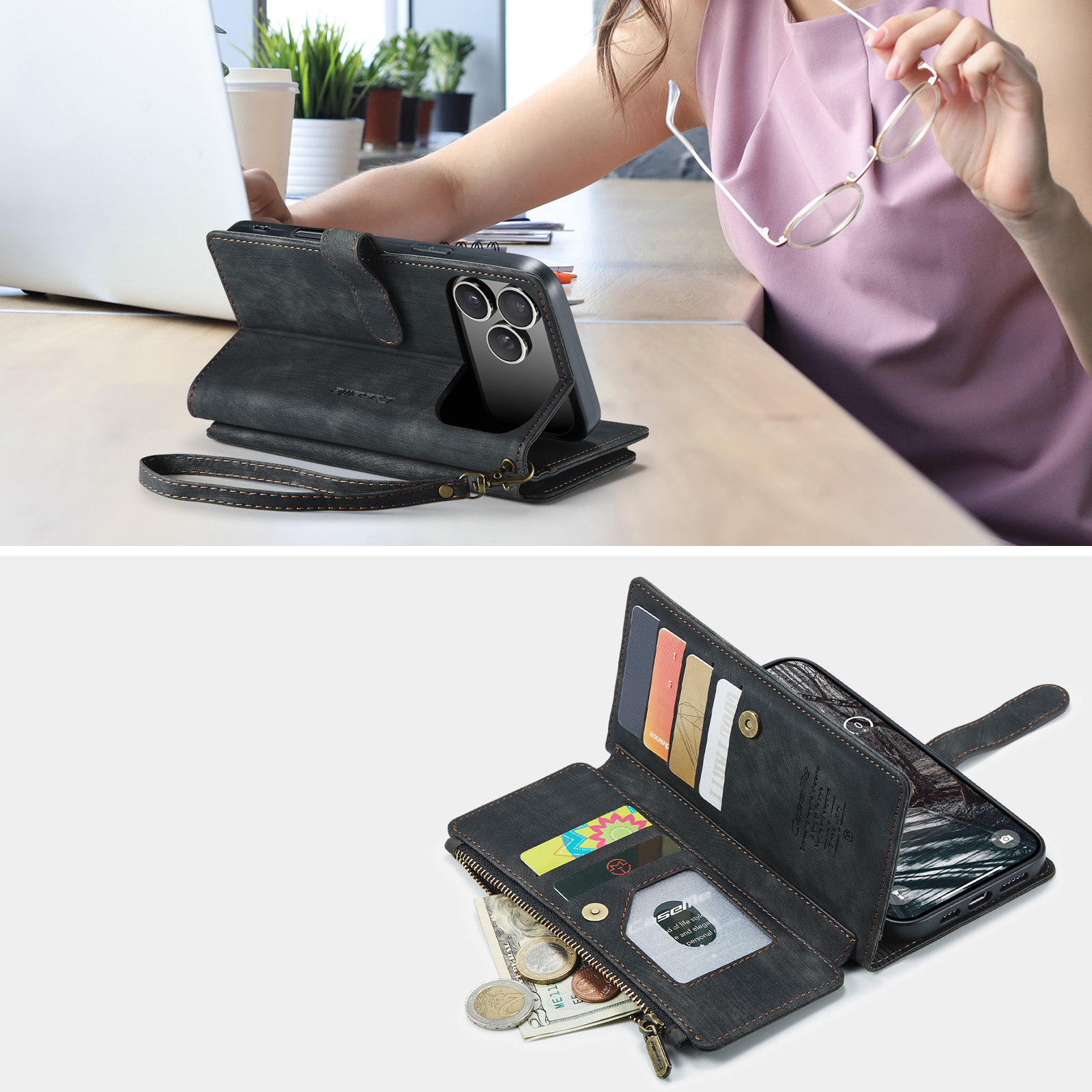 iPhone 17 Pro 2in1 Leder Tasche Karten Etui - Schwarz