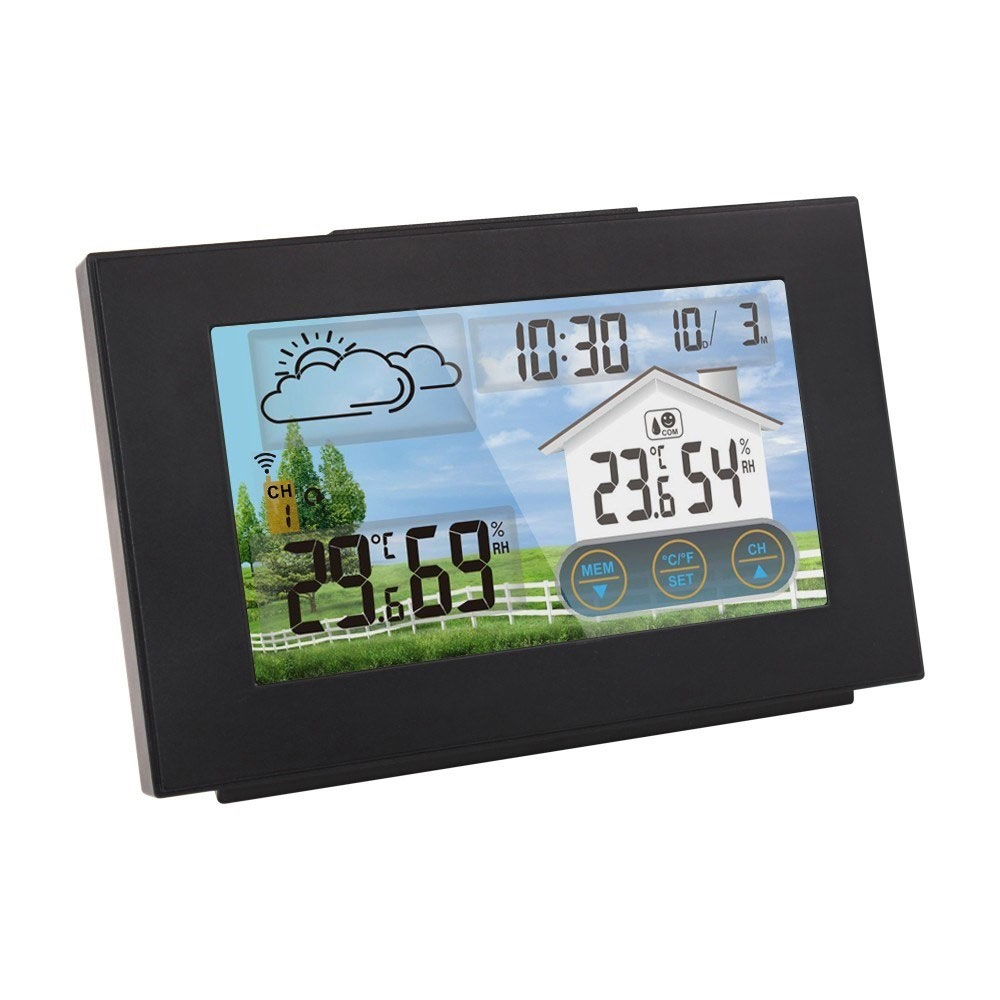 Wireless Wetterstation Wecker Digital Thermometer Indoor / Outdoor Touchscreen   Aussensensor - Schwarz