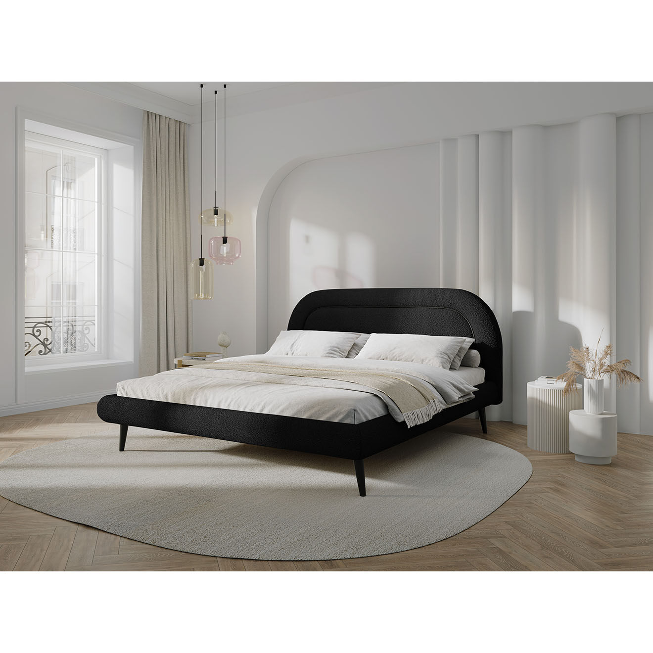 Maison Héritage Cadre avec tête de lit Maia velours bouclé noir - 180x200 cm
