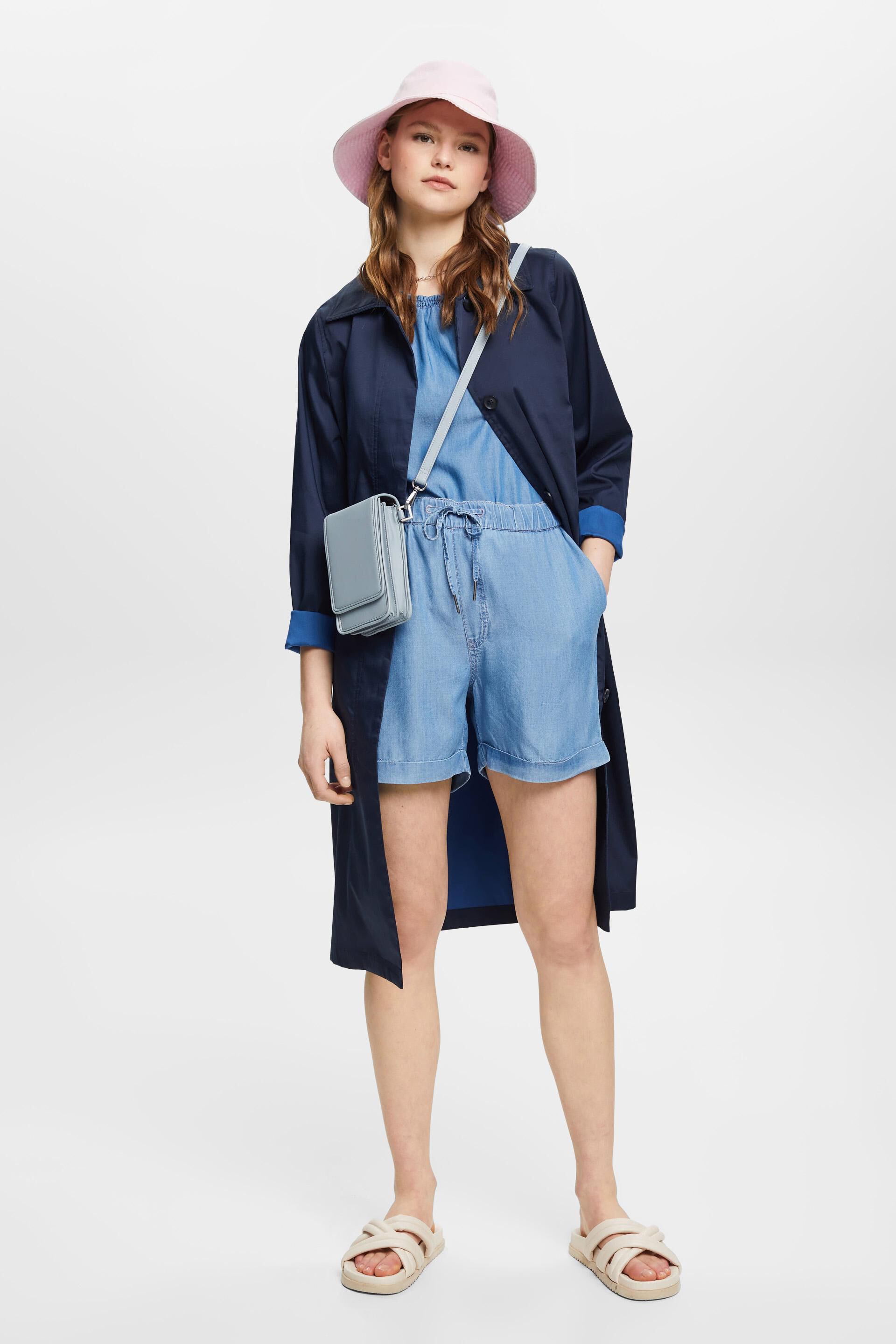 Chemisier sans manches imitation denim à encolure froncée