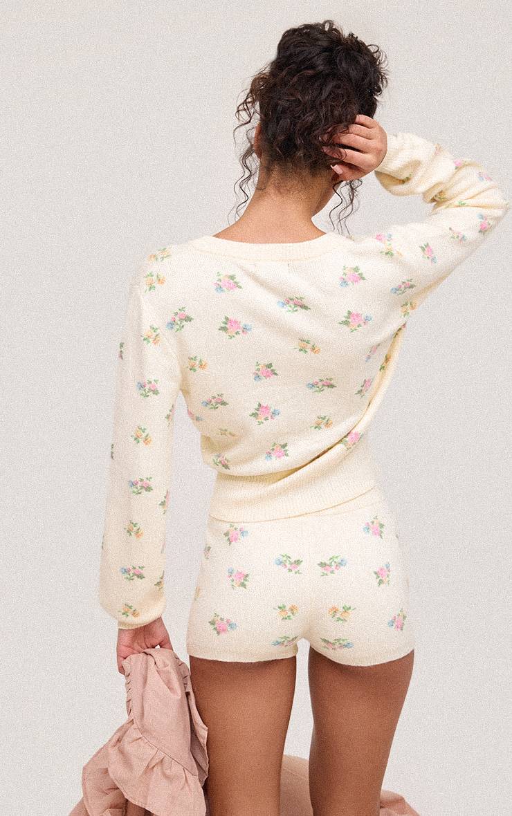 Crème Short Mini En Maille À Motif Floral