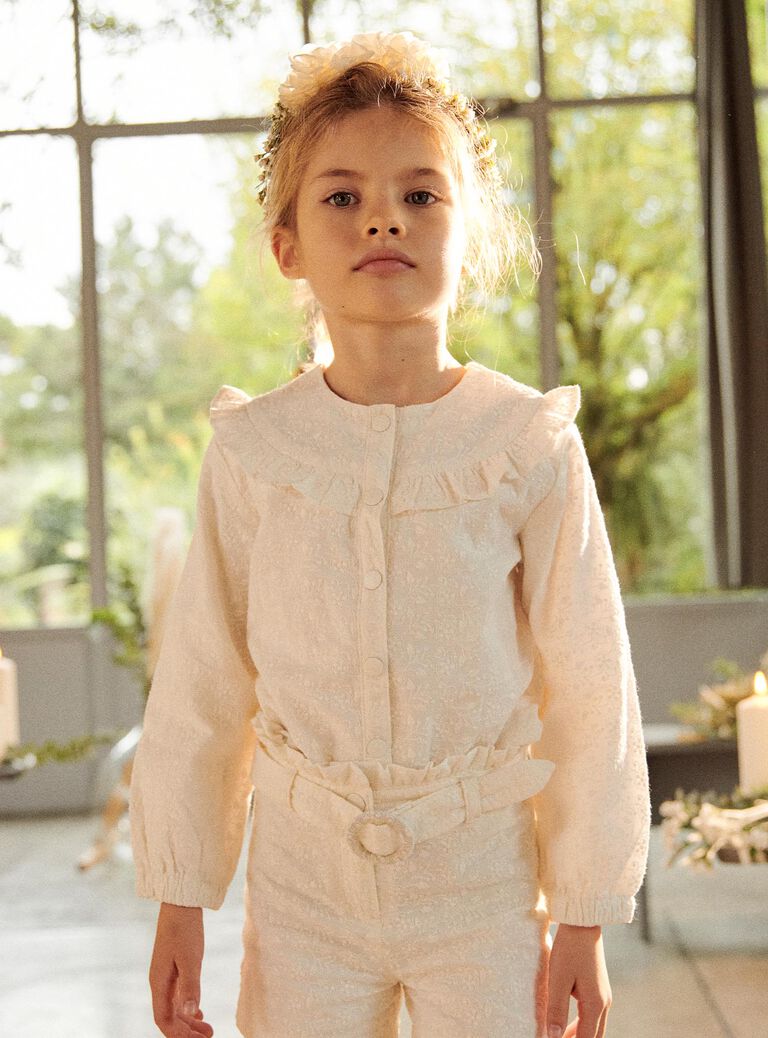 Veste écrue en popeline à broderies fantaisie
