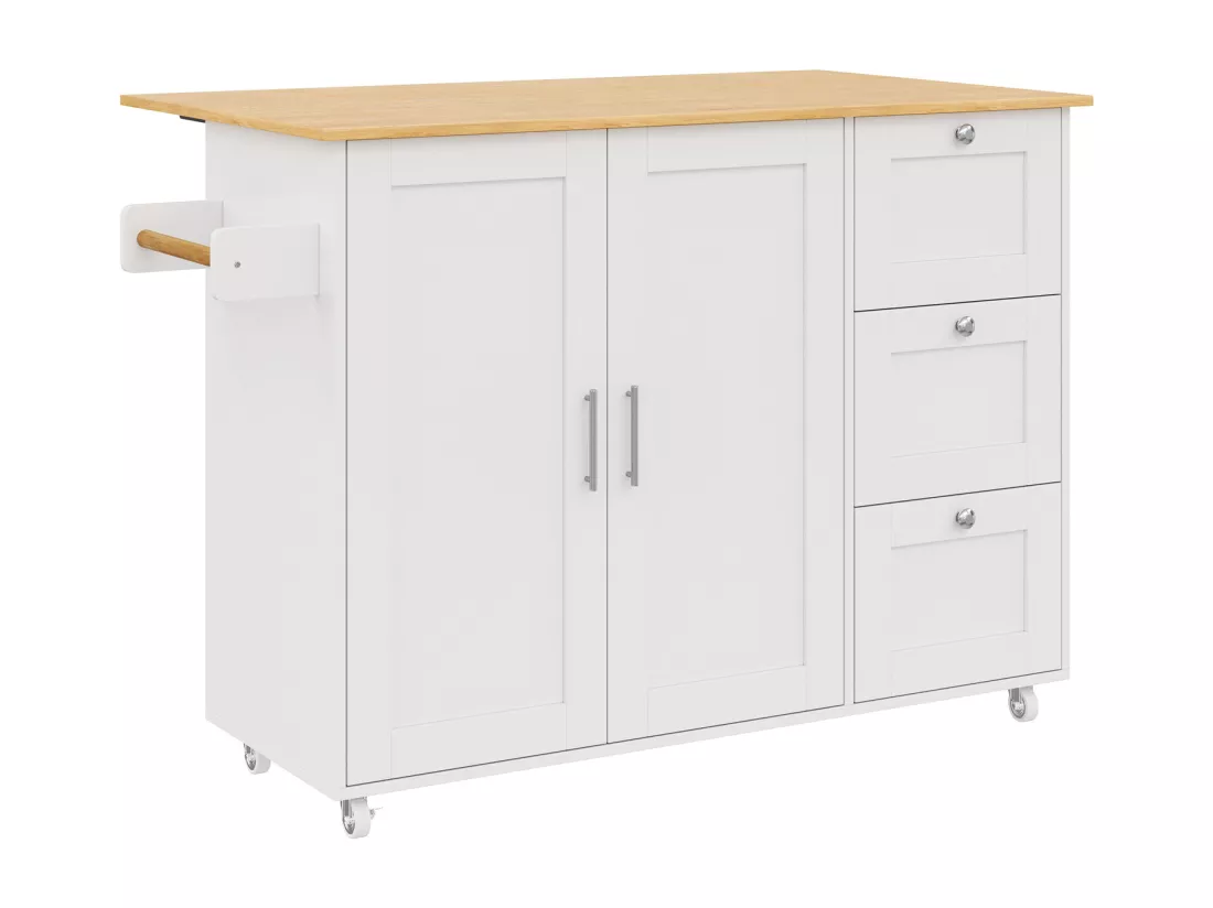 Ilot central de cuisine mobile avec 2 portes et 3 tiroirs - Plateau extensible - 135x44(70)x90 cm - Bois MDF - Blanc et naturel