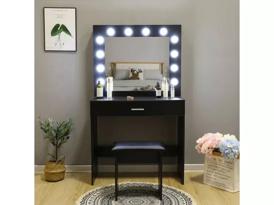 Coiffeuse table de maquillage noire tabouret miroir LED TIGER LILY