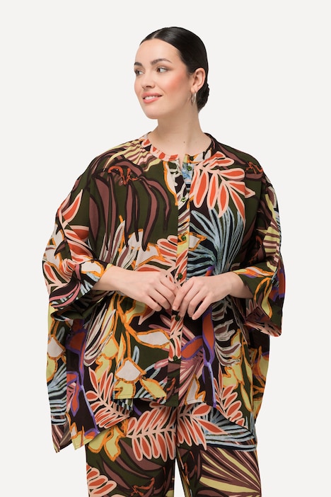Bluse, Blätter, Oversized, Stehkragen, Halbarm