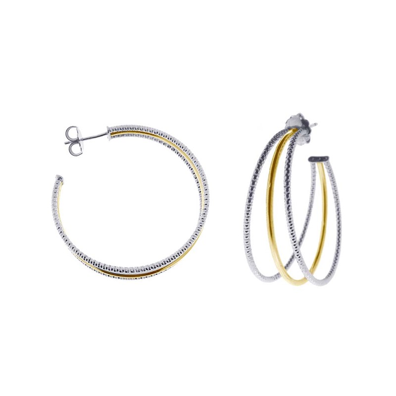 Boucles D'oreilles Créoles Trois Anneaux Moyen Modèle Argent Rhodié Doré Diamantée Et Lisse Diamètre 45mm