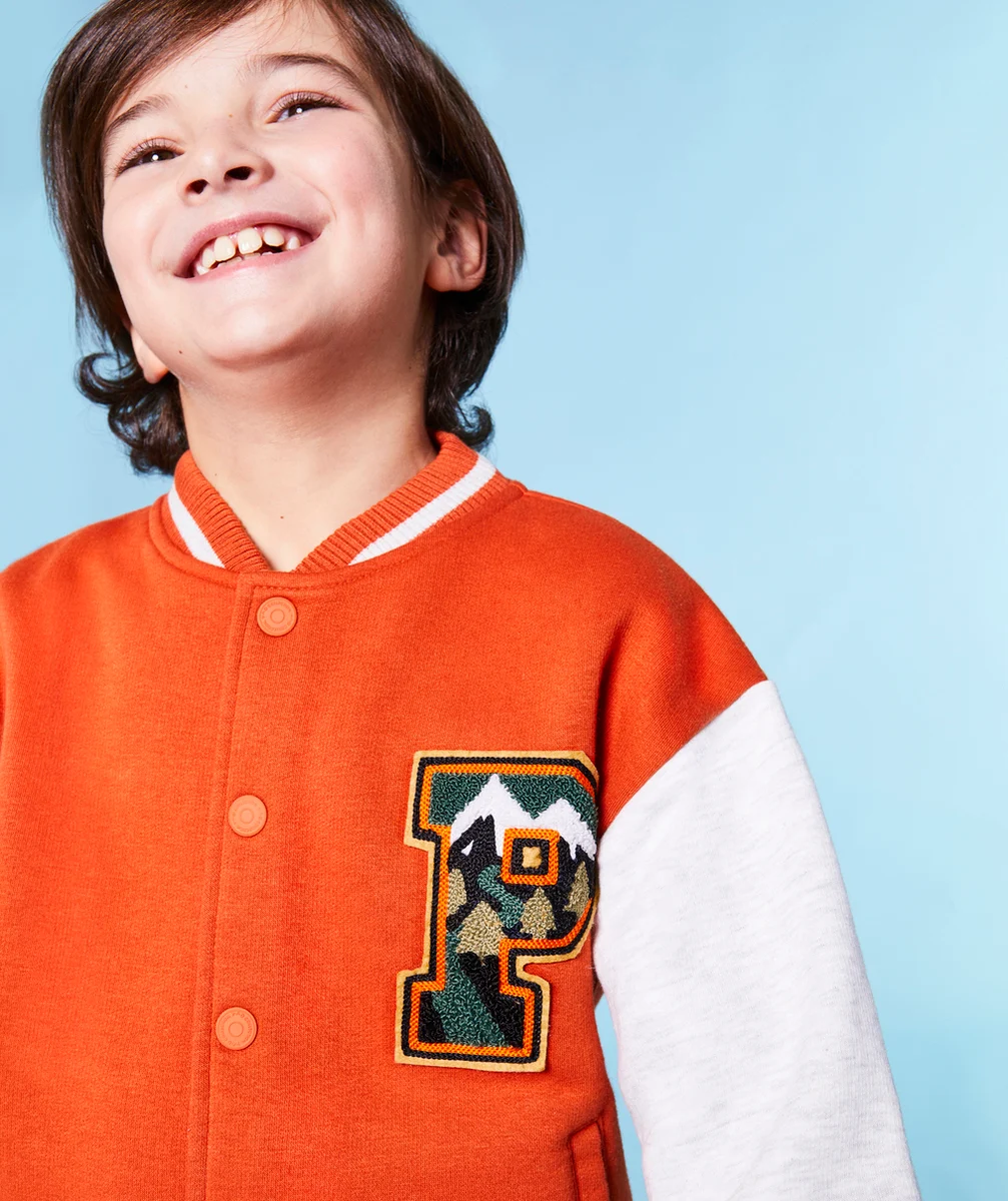 GILET TEDDY GARÇON EN COTON BIO ORANGE AVEC PATCH EN BOUCLETTES