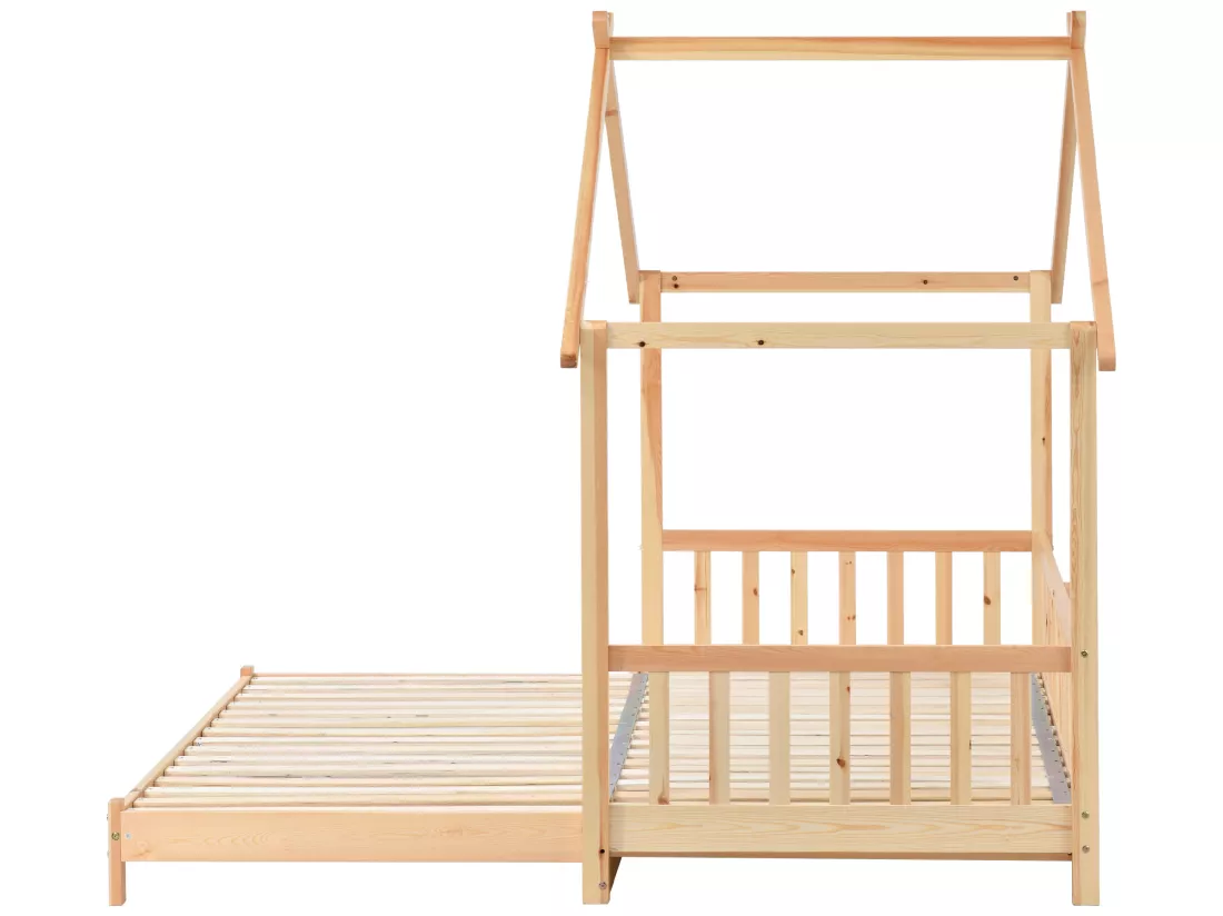 Lit gigogne cabane - 90 x 200 cm - bois massif - sommier à lattes - coloris naturel