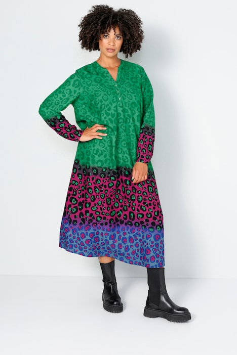 Maxikleid, A-Line, Leo-Verlauf, Tunika-Ausschnitt, Langarm