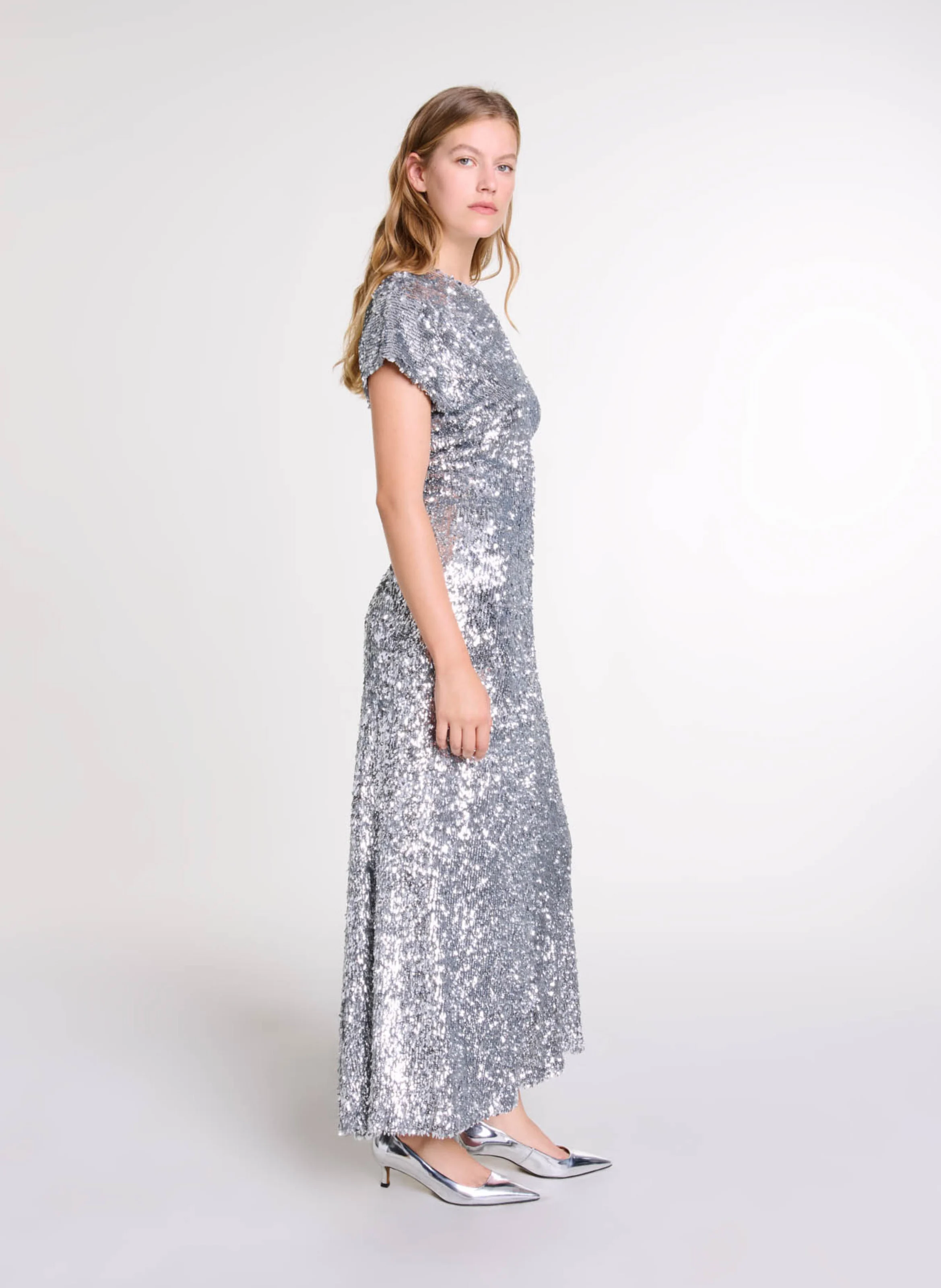 Robe longue col rond à sequins | Argent