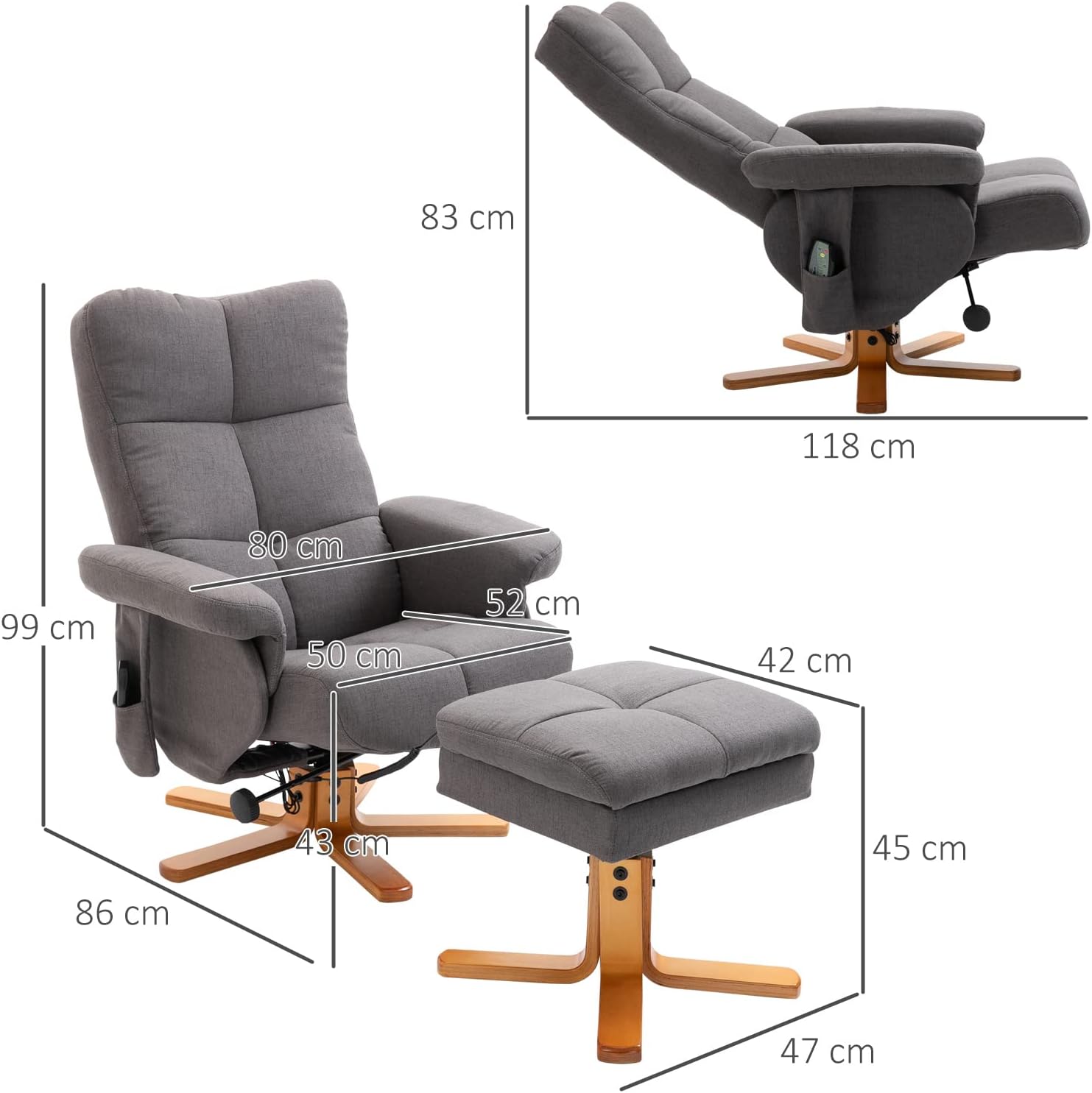 HOMCOM Relaxsessel mit Hocker, 360°drehbarer Fernsehsessel mit Massage, Liegefunktion, Massagesessel mit Seitentasche, TV-Sessel, Polyester für Wohnzimmer Dunkelgrau