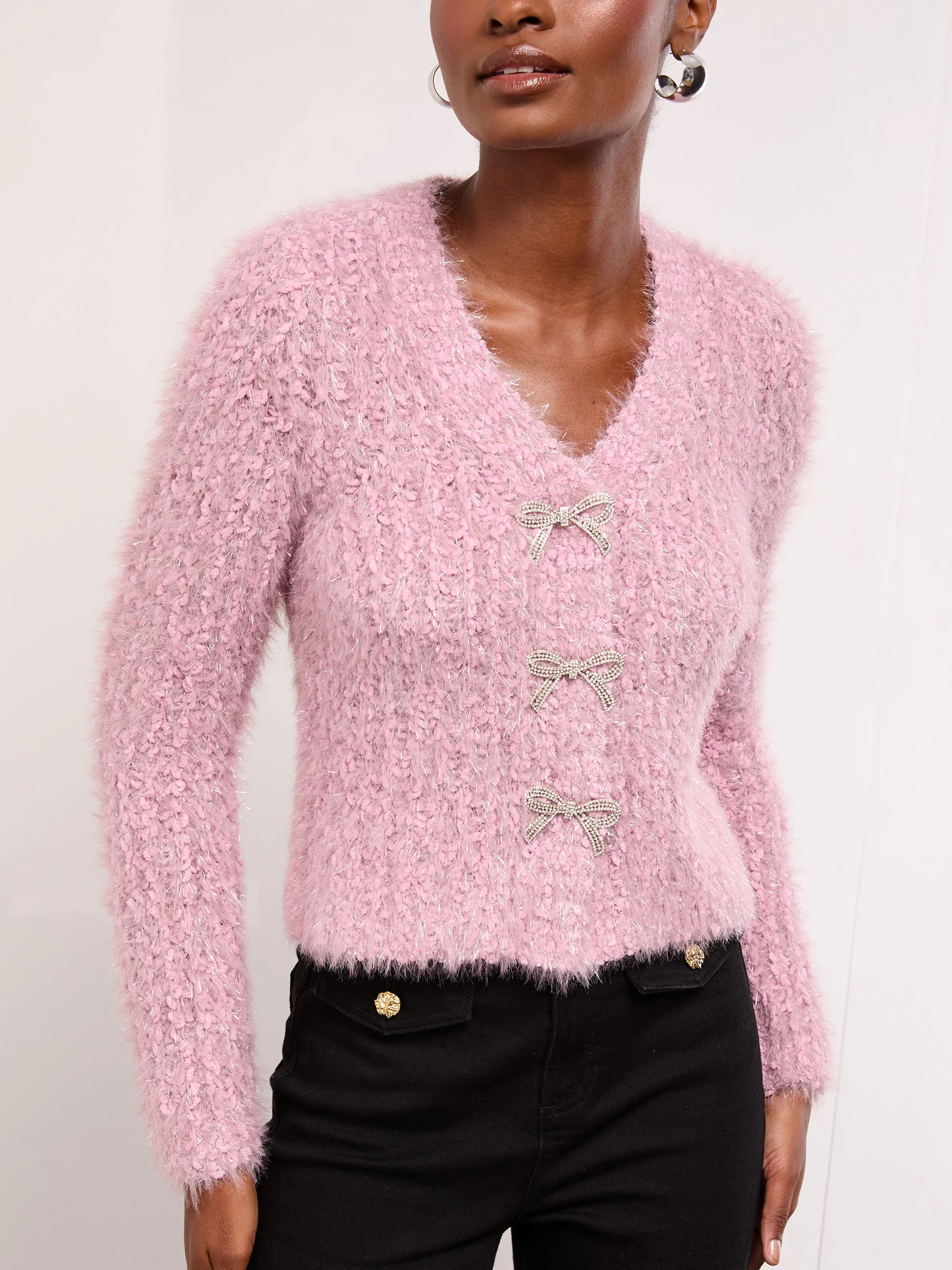 Lipsy V-Neck Textured Tinsel Embellished Bow Buttoned Knit Cardigan