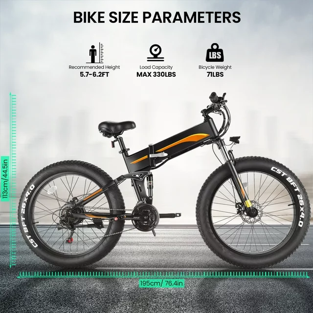 Bicicleta elétrica Funcid, aro 26x4 com pneus largos, 500W, dobrável, para adultos, com bateria de 48V 10Ah.