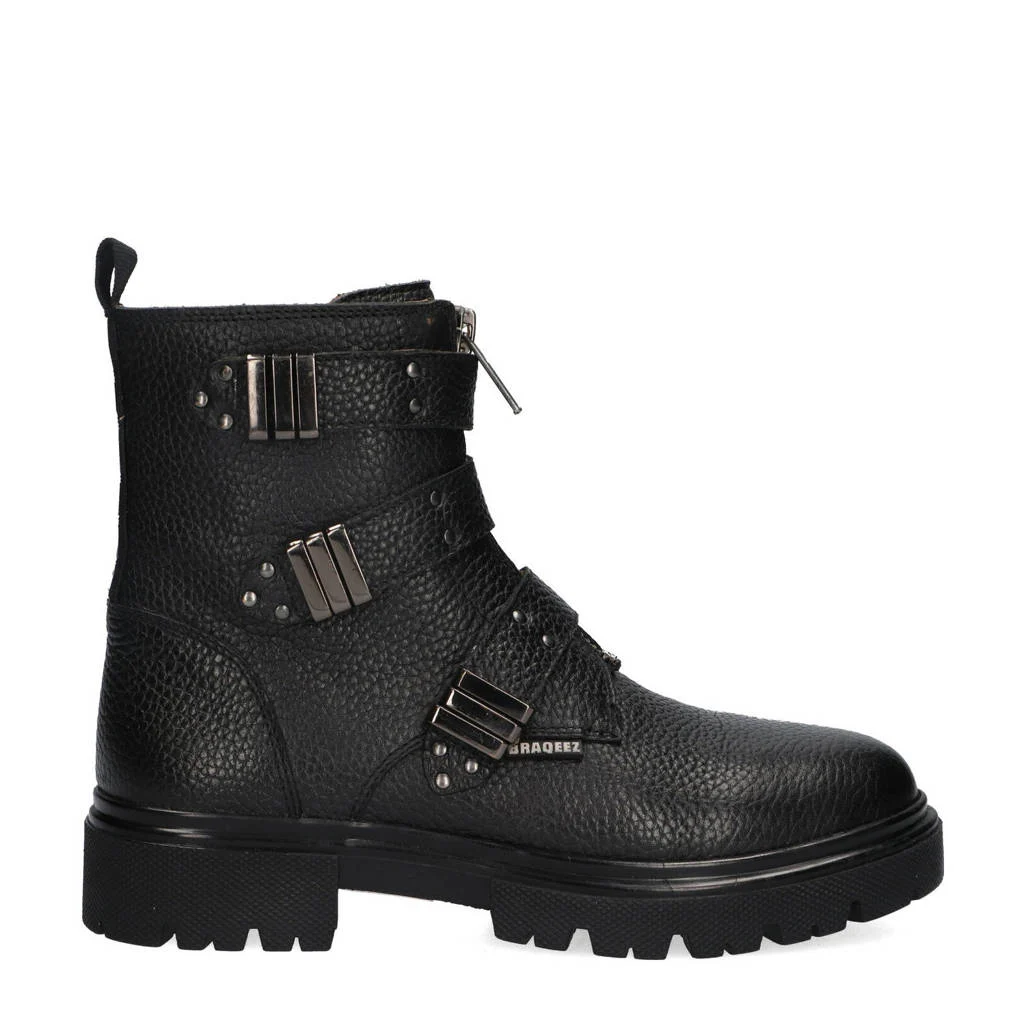 Braqeez leren bikerboots zwart