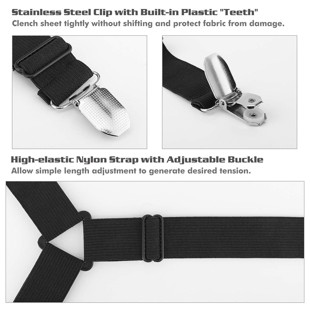 (4er Set) Elastischer Spannbettlaken Greifer 3-Fach Metall-Clip Halterung (Grössenverstellbar) - Schwarz