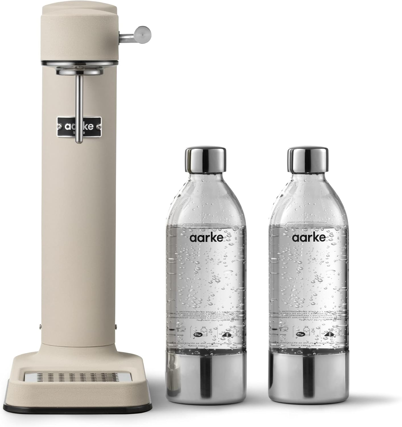 Aarke Carbonator 3, Wassersprudler aus Edelstahl im modernen Sand Finish mit 2x BPA-freier 1L PET-Flasche, Sprudelwasserbereiter für Leitungswasser, kompatibel mit 60L CO2-Zylindern