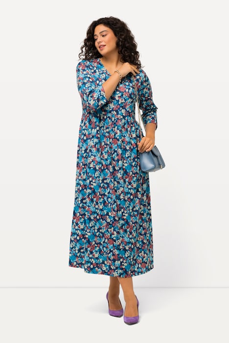 Jerseykleid, gemustert, V-Ausschnitt, 3/4-Arm