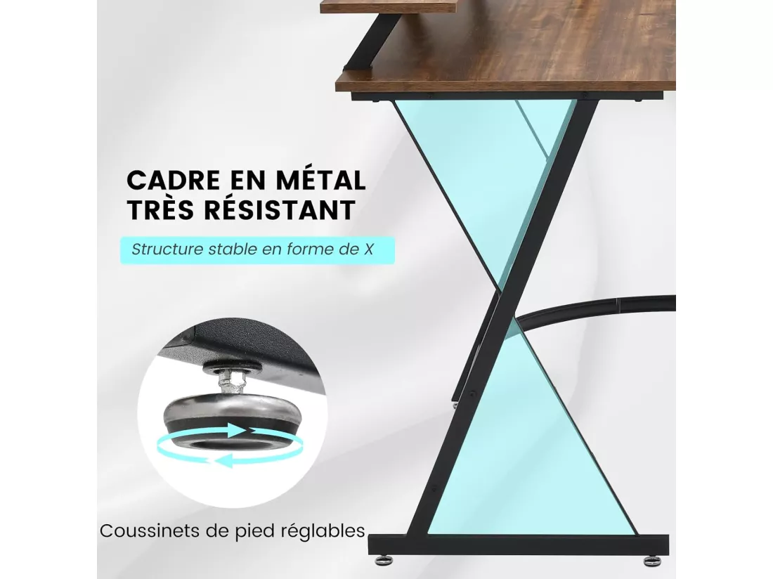 Bureau d'angle 130 x 130 cm, Bureau d'Ordinateur en Forme de L avec Long Support de Moniteur, Plateau à Clavier, Table Informatique avec 2 Prises de Courant & 2 USB (Marron Rustique)